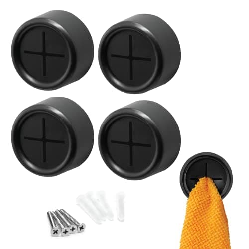 S&T INC. Round Adhesive Push Towel Hooks for Kitchen, Hand and Dish Towels, Matte Black, 4 Pack