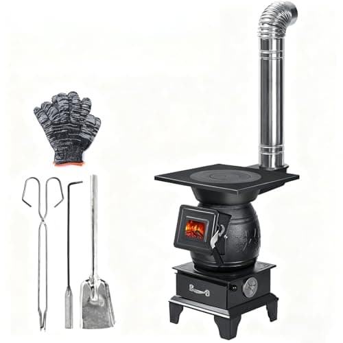 Indoor Wood-Burning Stove with Cast Iron Build, Compact Heating Unit for Cabins & Tents, Portable Cookstove and Furnace Standard Set 14.5" L × 14.5" W × 22.4" H (37×37×57 cm)
