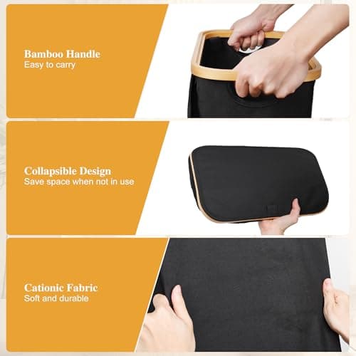 Foluck Slim Laundry Hamper, 60L Waterproof Narrow Laundry Basket with Lid and Removable Bag, Collapsible Tall Clothes Hamper with Bamboo Handles for Clothes Toys in Dorm Bedroom Bathroom, Black 6