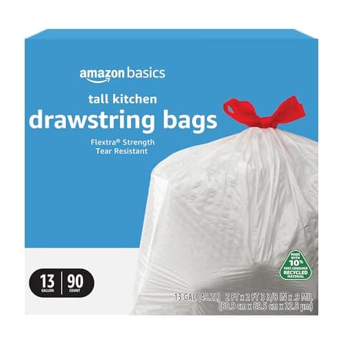 Amazon Basics 13 Gallon Tall Kitchen Drawstring Trash Bags, Flextra Strength, Tear Resistant, 10% Post Consumer Recycled, 90 Count, White