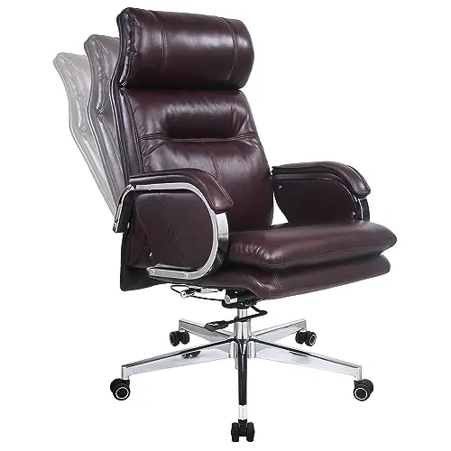 HUAUR Genuine Leather Modern Executive Chair High-Back Support 90 to 150 Degrees Tilt and Upholstered Home Desk Chair with Base 360LB Capacity Swivel Computer Office Chair (Brown)