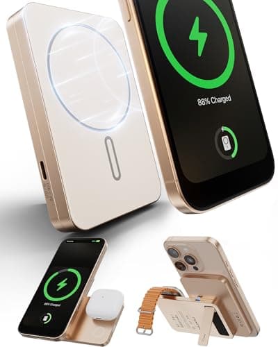 KU XIU Magnetic Portable Charger Power Bank, 5000mAh Foldable 3 in 1 Wireless Charging Station with Stand, Travel Battery Pack for iPhone 16/15/14, for Watch Ultra2/10/9, for AirPods with 20W Cable