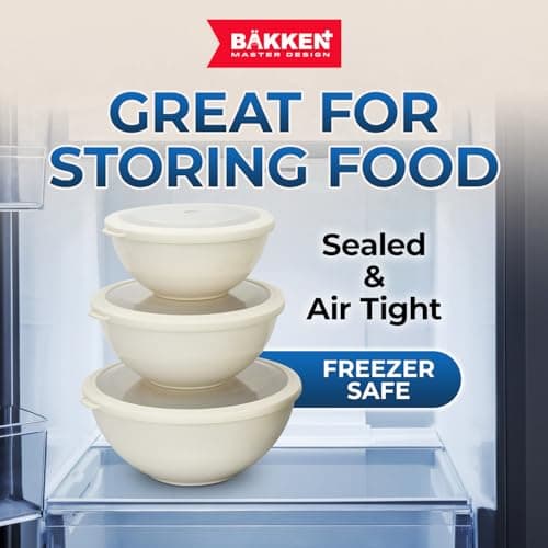 Bakken Master 12 Piece Plastic Nesting Bowls with Lids - Mixing Bowls Set includes 6 Prep Bowls and 6 Lids, BPA-Free, Reusable Meal Prep Containers, Microwave, Freezer & Dishwasher Safe, White Cream 8