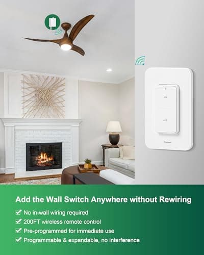 TREEWELL Wireless Light Switch and Receiver Kit, 200FT RF Range Remote Control Light Switch, No Rewiring, No Interference, Wireless Wall Switch for Ceiling Light, Fans, Lamps, Pre-Programmed 2