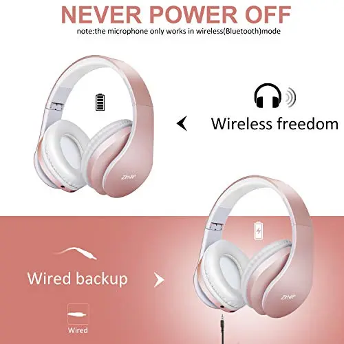 ZIHNIC Bluetooth Headphones Over-Ear, Foldable Wireless and Wired Stereo Headset Micro SD/TF, FM for Cell Phone,PC,Soft Earmuffs &Light Weight for Prolonged Wearing(Rose Gold) 5