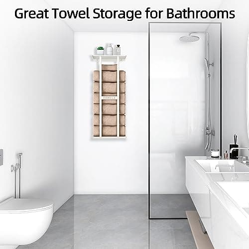 STWWO Wall Towel Rack for Rolled Towels, Towel Storage for Small Bathroom Can Holds 6 Large Towels, 30 inch Towel Racks with Shelf, White 7