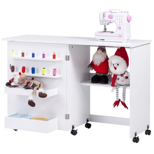 Vividwood Folding Sewing Table, Multipurpose Sewing Machine Table with Compact Design, Wheels, Shelves, Bins, Pegs, Magnetic Locks (White)