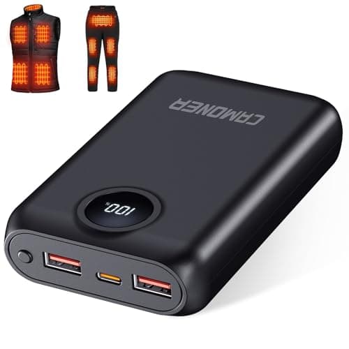 Camoner 𝟓𝐕 𝟑𝐀/𝟐𝐀 𝟐𝟎𝟎𝟎𝟎𝐦𝐀𝐡 Heated Vest Battery Pack Compatible with KOVNLO and TIDEWE, Fast Recharge Battery Pack for Heated Vest with LED Display, Heated Apparel, Seat, Blanket
