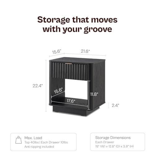 mopio Brooklyn Fluted Nightstand, Modern Farmhouse Nightstand, Small Side, Wood Bedside Table with Drawer, End Table with Storage, Fluted Night Stand, Curved Profile (Black Oak, Single) 2