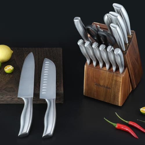 isheTao Knife Sets for Kitchen with Block, 15 Piece Kitchen Knife Set, Ultra Sharp Chef Knife Set for Kitchen, High Carbon Stainless Steel Knife Block Set with Sharpener, Silver 6
