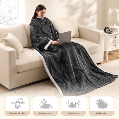 PLOATH Heated Electric Blanket Shawl: Heating Throw Heated Poncho - Wearable Blanket Hoodie Wrap Sherpa with 10 Heat Levels & Multi Heating Time Settings (50x75'' Grey) 6