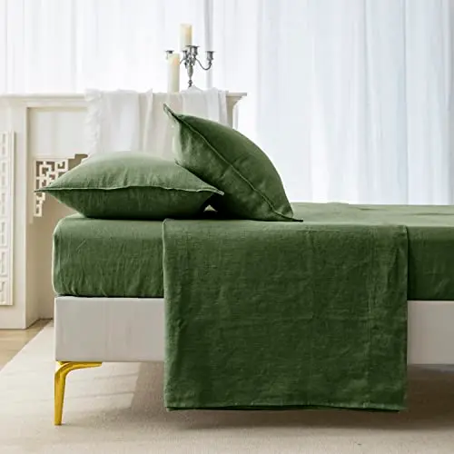 EVERLY 100% Linen Pillowcases Set of 2, Envelope Overlap Closure French Natural Washed Flax Pillowcases 20x36inches-Mossy Green 8