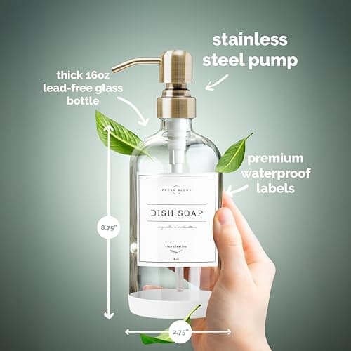 Vine Creations Clear Glass Soap Dispenser, 2 Pack Kitchen Soap Dispenser Set with Stainless Steel Pump, 16 oz Dish Soap and Hand Soap Dispensers for Bathroom with Waterproof Labels 6