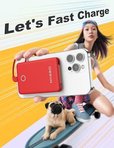 miisso 6000mah Ultra Slim Built in Cables Power Bank, Card Size Built in USB C Cords Battery Pack Portable Charger for Phones, 3 Output External Battery Pack Compatible with iPhone, Red 6