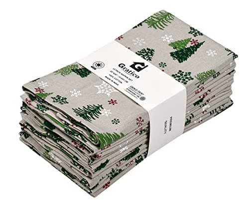 Gratico Dinner Cloth Napkins Set of 12 Green Xmas Tree Print Napkins 20x20 Inches, Premium Soft Cotton Hotel Quality, Reusable & Washable Dinner Table Napkins with Mitered Corner for Home & Christmas