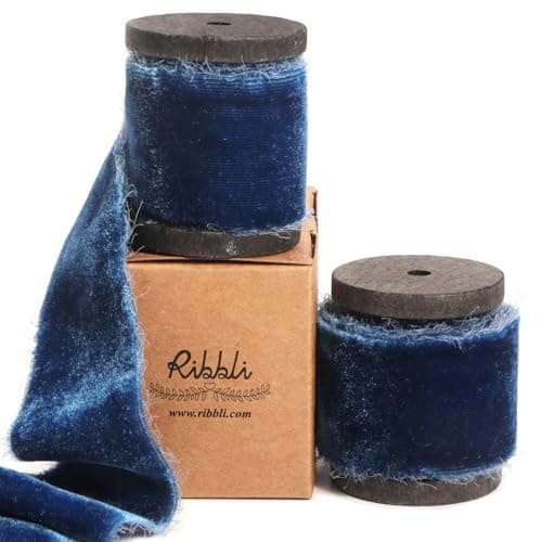 Ribbli Ocean Blue Velvet Ribbon 1.5 Inch Handmade Frayed Vintage Christmas Ribbon for Gift Wrapping Christmas Tree Ornament Wreath Craft Home Decor -Total 3 Yards with Wooden Spool