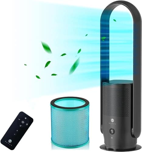 ULTTY Bladeless Tower Fan and Air Purifier Combo, True HEPA Filter 99.97% Smoke Dust Pollen Dander, Oscillating Tower Fan with Remote Control CR022, Black, SKJ-CR022