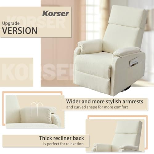 Korser Recliner Chair, Swivel Rocking Recliner Chair for Adults, Glider Rocking Chair, Small Nursery Chair Recliner for Living Room, Reclining Chair with Modern-Designed Armrests, Chenille, Beige 5