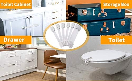 6 Pack Vmaisi Multi-Use Adhesive Straps Locks - Childproofing Baby Proofing Cabinet Latches for Drawers, Fridge, Dishwasher, Toilet Seat, Cupboard, Oven,Trash Can, No Drilling (White) (6) 7