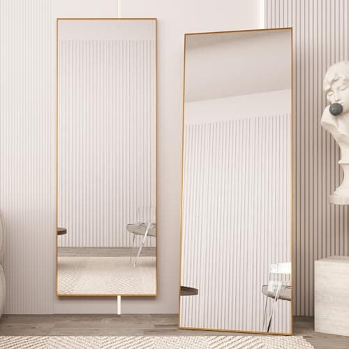 Beauty4U 65" x 24" Full Length Mirror with Stand, Gold Wall Mounting Full Body Mirror, Metal Frame Full-Length Tempered Mirror for Living Room, Bedroom
