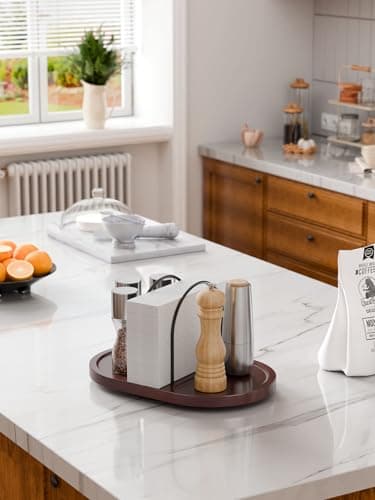 Primo Lines Rotating Napkin Holder for Table with Built-In Space for Salt and Pepper Shakers, Wooden Metal Caddy Rustic Table Organizer with 360 Degree Spin for Kitchen Decor and Accessories (Walnut) 8