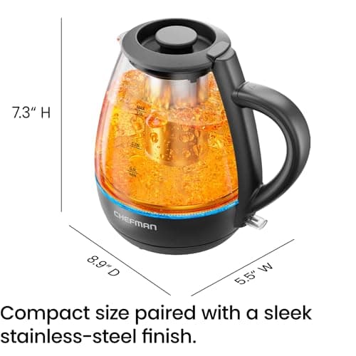 Chefman Electric Kettle with Tea Infuser, Compact 1L (4 Cups), 1500W, Removable Lid for Easy Cleaning, Boil-Dry Protection, Stainless Steel Filter, BPA Free, Auto Shut Off, Small Electric Tea Kettle 8