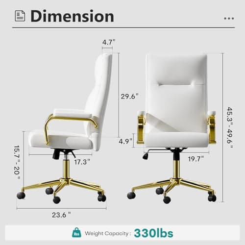 Genpo White and Gold Office Desk Chair Memory Foam, High Back Leather Executive Office Chair with Wheels and Arms for Women Girls Teens Adults 2