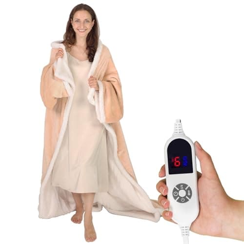 Butizone Heated Throw Blanket with Sleeves, Wearable Electric Blanket with Foot Pocket, 6 Adjustable Heat Settings, 70 * 50", Cozy Flannel and Sherpa, Beige
