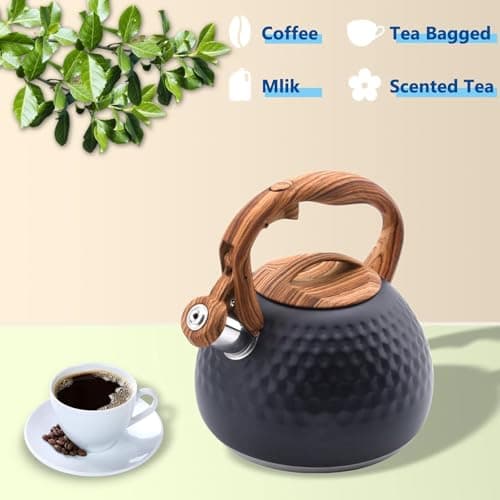 Foedo Tea Kettle Stovetop, 3.2 Qt Stainless Steel Whistling Kettle for Stove Top, Food Grade Teapot with Wood Pattern Handle for Coffee, Milk etc, Gas Electric Applicable (Black) 5