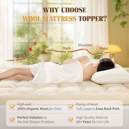 Baauye Luxury 100% Organic Australian Wool Mattress Topper Queen Size-5 (60"x80" Cream) 5