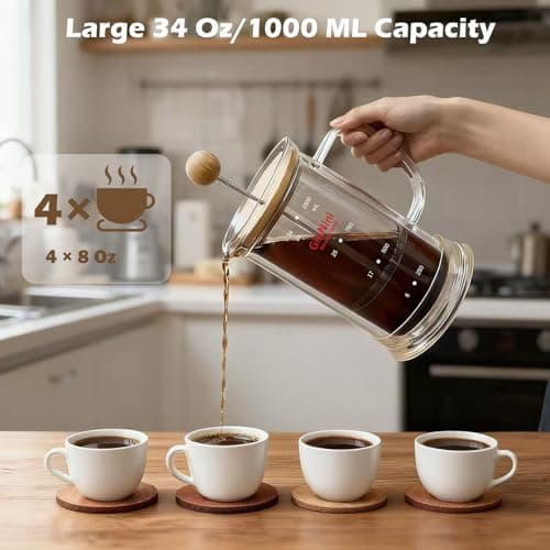 34-Ounce plastic free French Press Coffee Maker, Double Wall Glass coffee press, Stainless Steel Filter and Shaft, Bamboo Knob and Lid, Heat-Resistant tea french press no plastic large tea maker 7