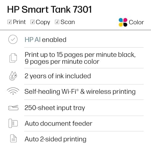 HP Smart Tank 7301 Wireless All-in-One Ink Tank Printer, Scanner, Copier with 2 Years of Ink Included, Best-for-Home Office, Cartridge-Free Refillable, AI-Enabled (28B70A) 6