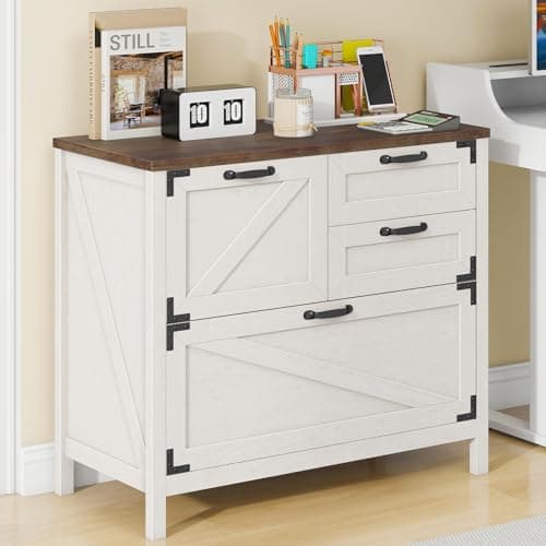 Halitaa Lateral File Cabinet with 4 Drawers Farmhouse File Cabinet for Letter/Legal/A4 Size Hanging Files, Large Wood File Storage Cabinets Printer Stand for Home Office Cabinet, Rustic White 8