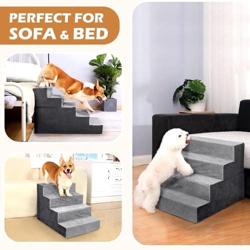 Heeyoo Dog Stairs for Small Dogs,5-Step Dog Steps for High Bed and Couch, High-Density Foam Pet Steps with Supporting Board, Non-Slip Removable Washable Cover, Grey 6