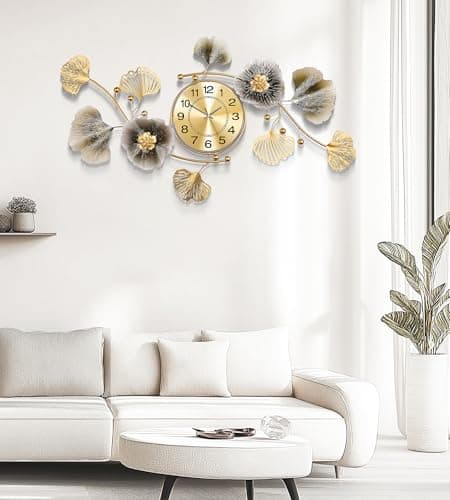 Axioglo Wall Clocks for Living Room Decor,Large Wall Clock,3D Creative Metal Ginkgo Leaf Design,with Silent Movement Wall Clocks for Home Wall Decor Clock（33"x18"） 6