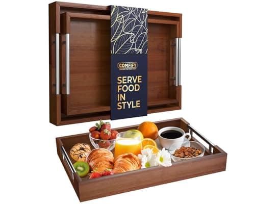 Set of 2 Decorative Serving Trays - Bamboo + Silver Stainless Steel Handles - Coffee Table or Ottoman Tray for Breakfast in Bed Jewelry, Decor Organization - 12"x17" - Stained Brown Finish