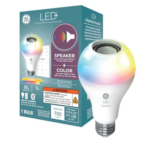 GE LED+ A21 LED Light Bulb, Indoor Color Changing Wireless Blutooth Speaker Light with Remote, 9W, Multicolor and Soft White (1 Pack)