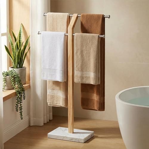 KES Width Adjustable Free Standing Towel Rack with 3X Thicker Weighted Natural Marble Base, 2-Tier Wooden Towel Rack Stand for Bathroom Floor, 18/8 Stainless Steel, Brushed Finish, BTH800-2