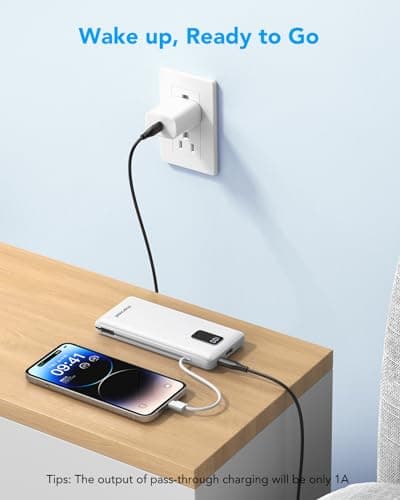 charmast Portable Charger with Built-in Cables and Plug, 10000mAh USB C Power Bank Fast Charging, External Battery Pack Slim, Travel Essentials Compatible with iPhones, Samsung Galaxy, iPad 7