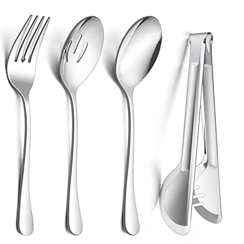 E-far Large Serving Utensils Set of 8, Stainless Steel 9.8 Inch Serving Spoons Slotted Spoon, 9.9 Inch Serving Fork, 9.4 Inch Serving Tong for Buffet Catering Banquet, Mirror Finish & Dishwasher Safe
