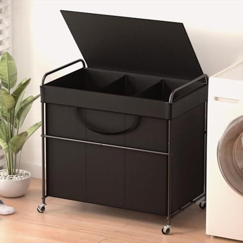 YKDIRECT 180L Large Laundry Hamper, 3 Compartment Laundry Basket with Lid, Removable Bag & Metal Structure with Industrial Wheels, Suitable for Bathroom, Dorm Room, Laundry Room (Black, 180L)