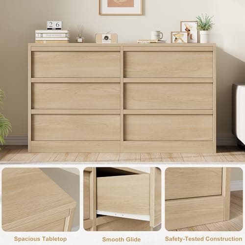 GarveeHome 6 Drawer Dresser for Bedroom, Modern Double Dresser Organizer with 6 Drawers Large Storage, Wooden Chest of Drawers for Living Room, Nursery, Hallway - Natural 5