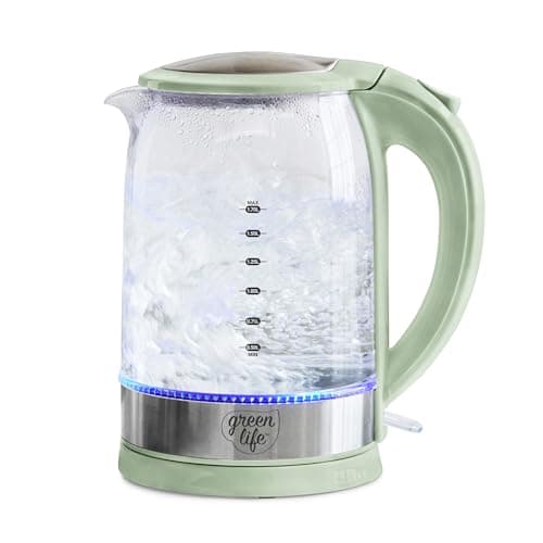 GreenLife 1.7 Liter Glass Electric Kettle, Easy One Touch Use, Quick Heating, Filtered Spout, LED Base, Auto Shut-Off, Cordless Serving, Coffee and Tea, Sage Green