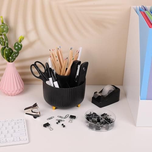 SKYDUE Black Office Supplies, Black Office Desk Accessories 10PCS, Pencil Holder for Desk, Stapler, Tape Dispenser, Scissors, Ruler, Clips and 1000pcs Staples, Desk Supplies Set 5
