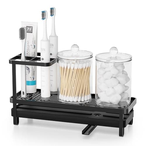 Amawarm Toothbrush Holders for Bathrooms, 3 Slots Rustproof Metal Tooth Brushing Organizer with 360° Drainage, Electric Tooth Brush Toothpaste Holder for Bathroom Countertop, Black