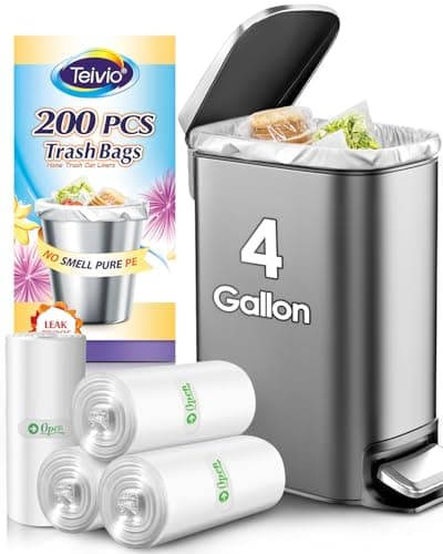 Teivio Small Trash Bags 4 Gallon 200 Counts Garbage Bags, Bathroom Trash Can Bin Liners, Small Plastic Bags for home office kitchen, fit 12-15 Liter, 3,3.5,4.5 Gal, Clear