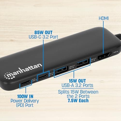 Manhattan 5 in 1 USB C Docking Station Hub – Long 20 in Cord - 100W PD, 4k HDMI, 2 USB-A 3.0, 1 USB-C 5Gbps Data Port - Multiport Adapter for MacBook Air Pro & Type C Devices–3 Yr Mfg Warranty-130721 5