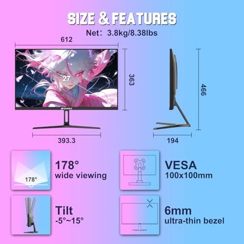 SANSUI Gaming Monitor 27" 1440p 260hz/240hz WQHD 2K - Fast IPS 1ms FreeSync Premium 丨DCI-P3 98% 丨sRGB130% 丨HDR10 丨2×DisplayPort 1.4丨2×HDMI2.0 PC Gaming Monitor with Crosshair 8