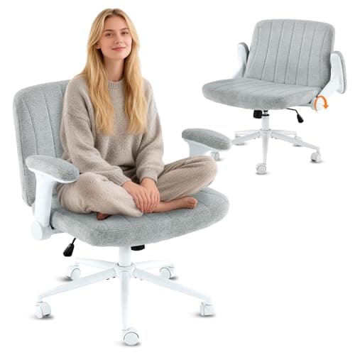 VINGLI Criss Cross Chair with Adjustable Flip-Up Arms,Cross Legged Chair with Wheels, Extra Wide Office Chair,Cozy Desk Chair for Home Office, Vanity, Apartment,Chenille Velvet,Light Blue-Green