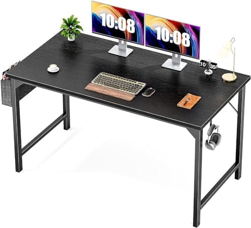 Sweetcrispy Computer Desk - Office 48 Inch Writing Work Student Study Modern Simple Style Wooden Table with Storage Bag & Iron Hook for Home Bedroom - Black